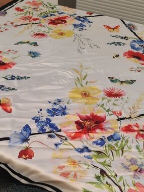 Vince Camuto White Satin Scarf with Red and Green Floral Print